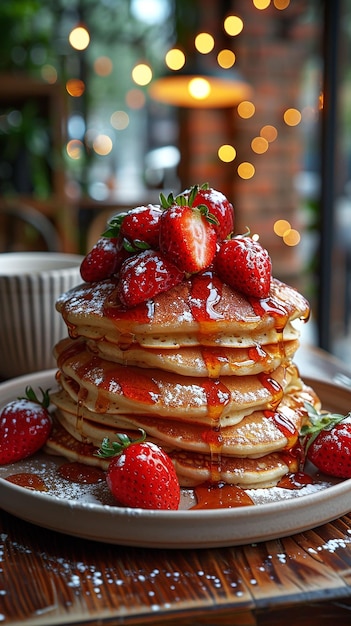 Stack of pancakes with fresh strawberry