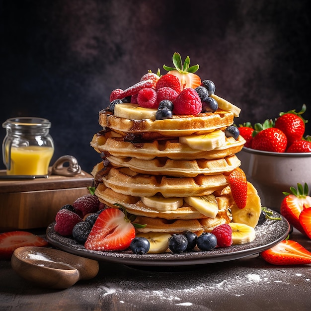 A stack of pancakes with fruit on top of it