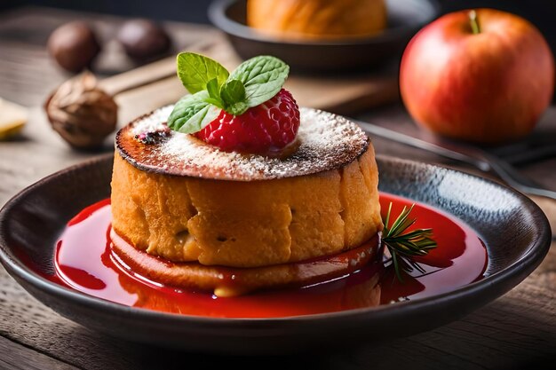 A stack of pancakes with fruit on top of it