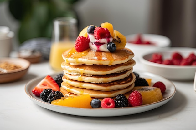 A stack of pancakes with fruit on top