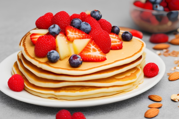 A stack of pancakes with fruit on top