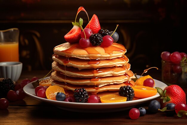 A stack of pancakes with fruit on the uppermost pancake