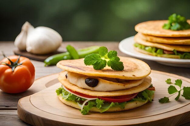 A stack of pancakes with a green leaf on top