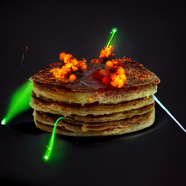 Photo a stack of pancakes with green lights and green lights.