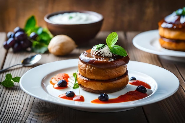 A stack of pancakes with jam and mint on top.