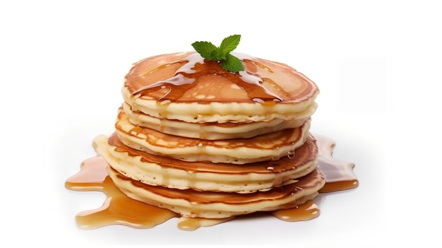 A stack of pancakes with a leafy top that says'pancakes '