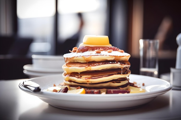 A stack of pancakes with a lemon slice on top