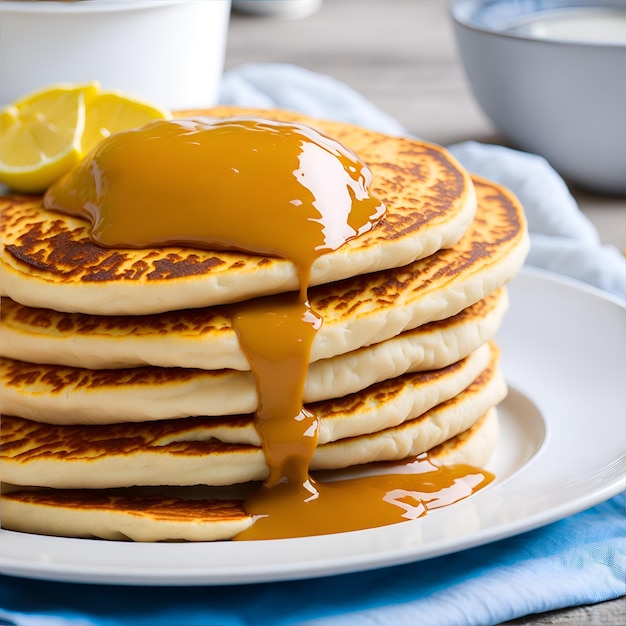 A stack of pancakes with a lemon wedge on top of it.