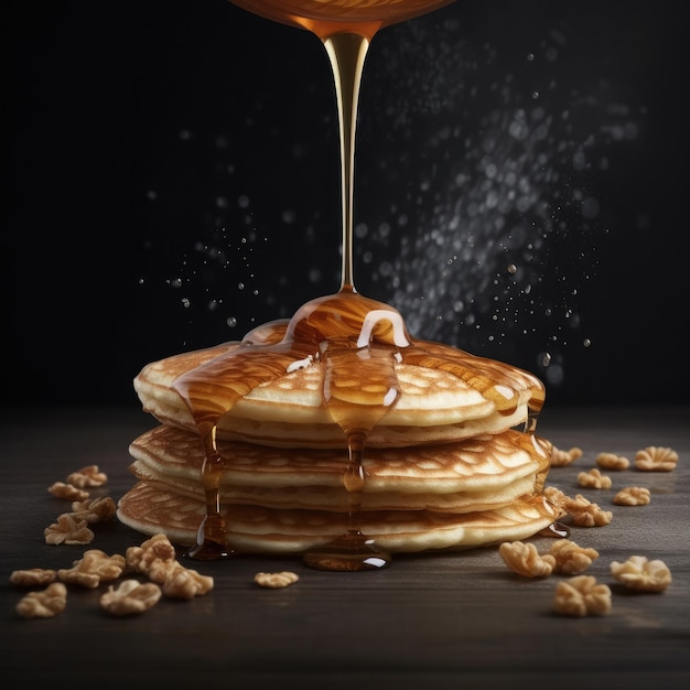 A stack of pancakes with a maple syrup being poured over it.