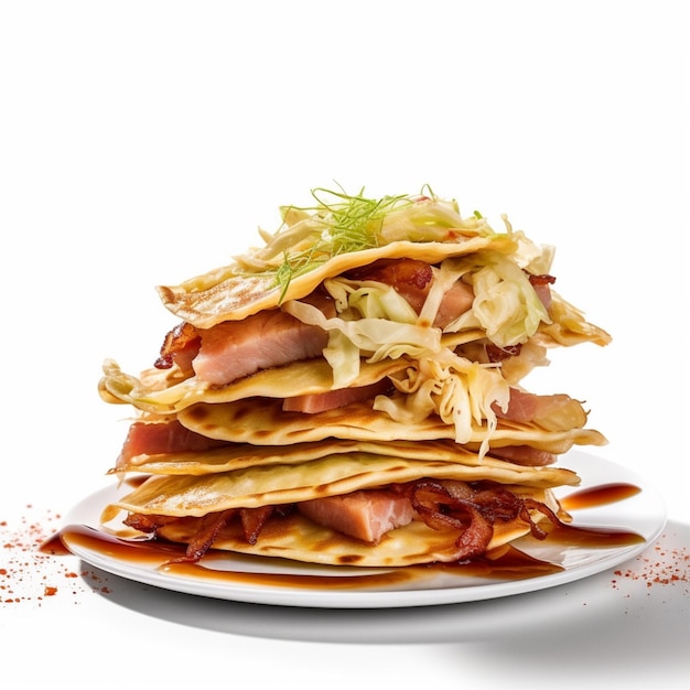 A stack of pancakes with meat and vegetables on top