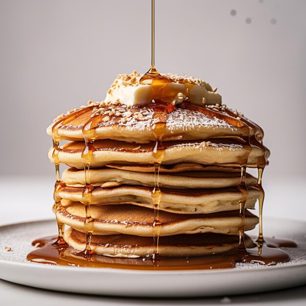 A stack of pancakes with nuts and syrup on top