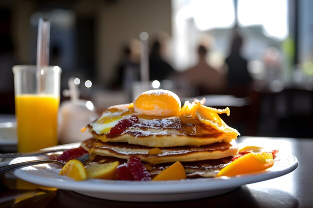 A stack of pancakes with orange juice in the background