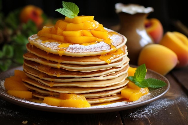 a stack of pancakes with orange slices and syrup on them.