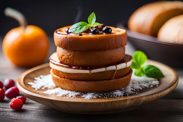 オレンジが乗ったパンケーキの積み重ねとその上に食べ物の皿。