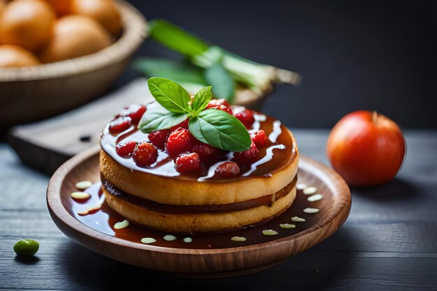 A stack of pancakes with raspberries on top