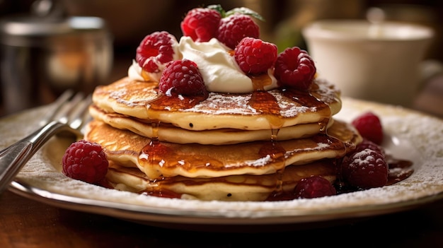 A stack of pancakes with raspberries on top