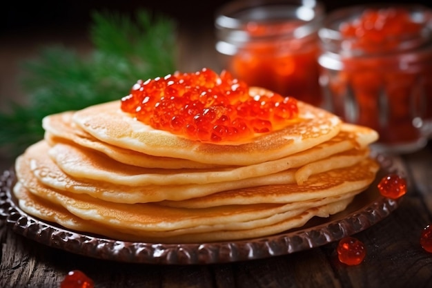 a stack of pancakes with red cavia on top