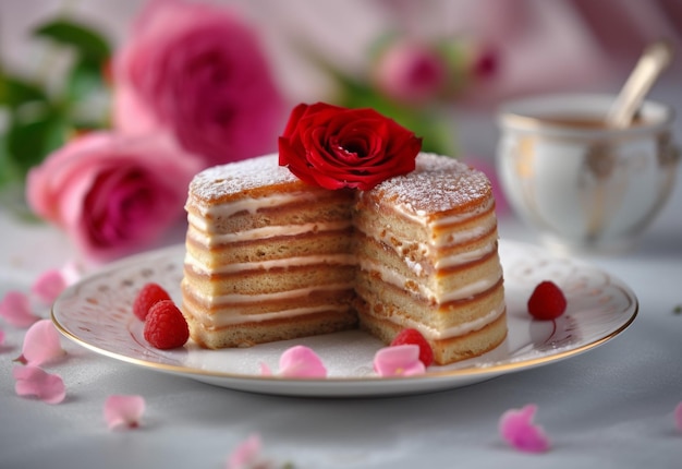 a stack of pancakes with a rose on top of them