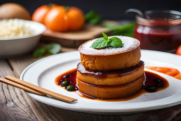 a stack of pancakes with a sauce on the top.