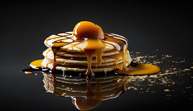 A stack of pancakes with a scoop of ice cream on top.