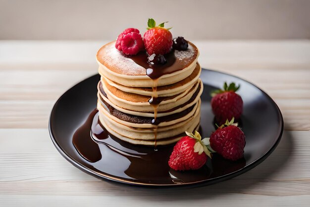 A stack of pancakes with strawberries and blueberries on a plate