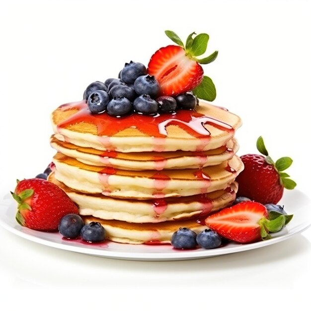 A stack of pancakes with strawberries and blueberries