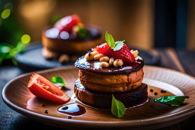 A stack of pancakes with strawberries and a strawberry on top