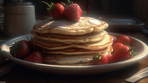 A stack of pancakes with strawberries on top of it