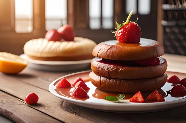 A stack of pancakes with strawberries on top and a strawberry on top
