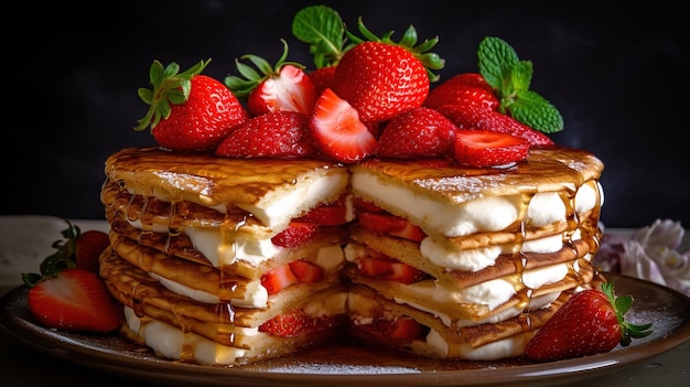 A stack of pancakes with strawberries on top