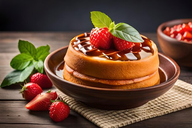 A stack of pancakes with strawberries on a wooden table