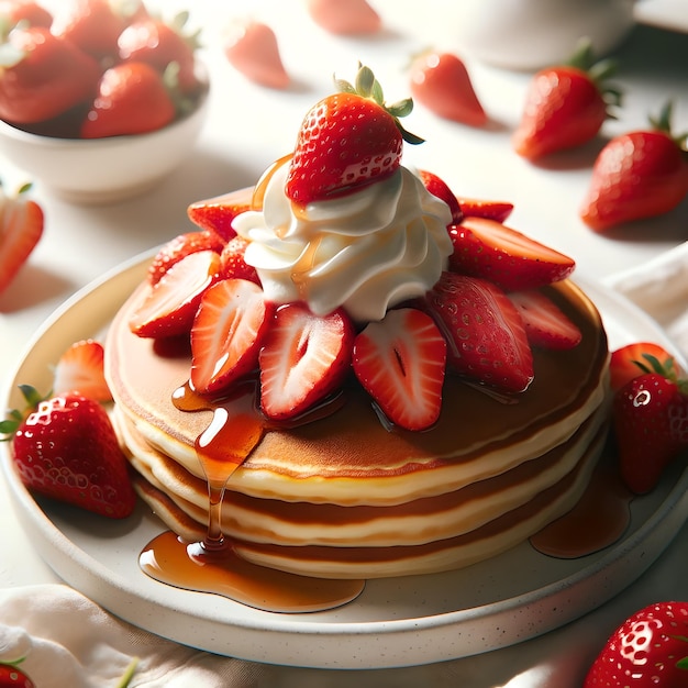 a stack of pancakes with strawberries