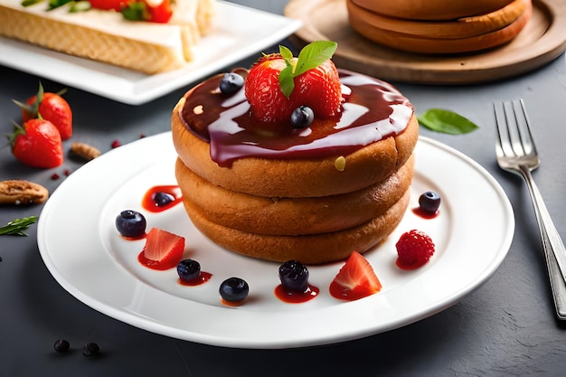 Stack of pancakes with a strawberry sauce on top