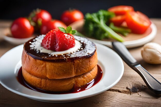 A stack of pancakes with strawberry syrup and a plate of strawberries.