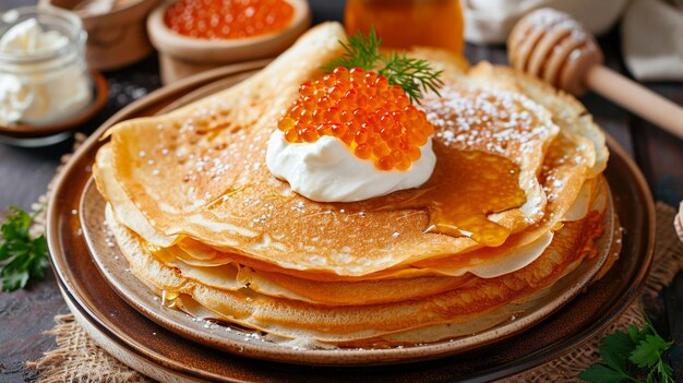 Photo a stack of pancakes with a strawberry on top of them