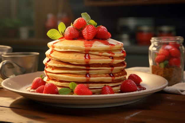 A stack of pancakes with a strawberry on the uppermost pancake