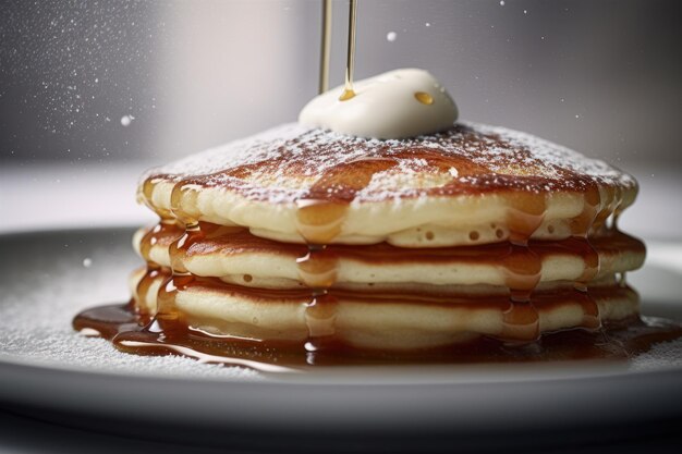 A stack of pancakes with syrup being poured on top.