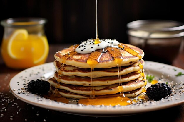 a stack of pancakes with syrup and berries on top of them.