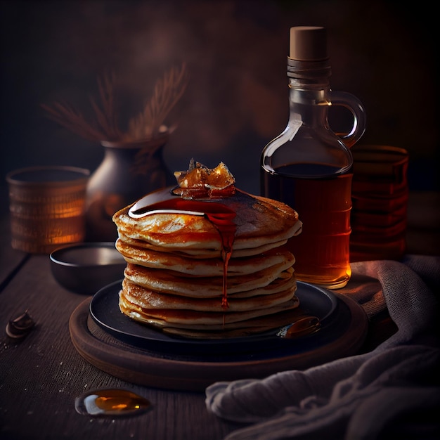 A stack of pancakes with syrup and a bottle of honey next to it.