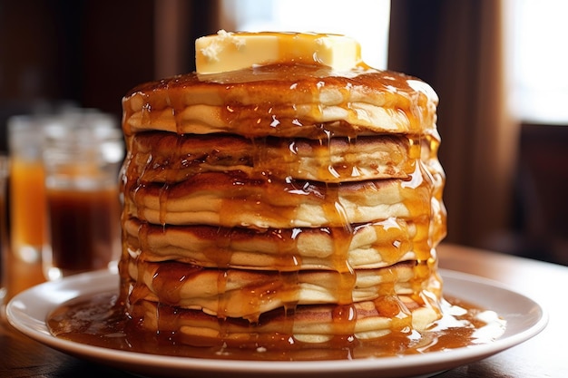 A stack of pancakes with syrup and butter on top Generative AI