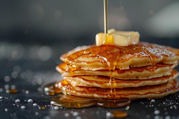 A stack of pancakes with syrup and butter on top of them with a spoon sticking out of the top a