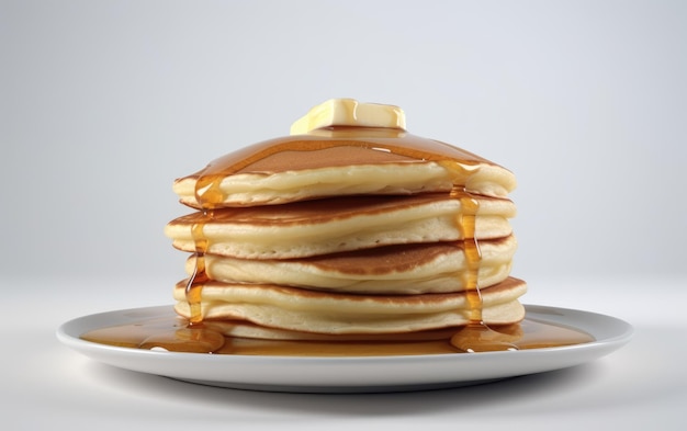 生成された白い背景の朝食ペストリー ai の上にシロップとバターをのせたパンケーキのスタック