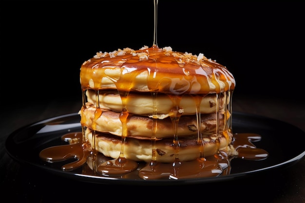 Photo stack of pancakes with syrup and butter on top