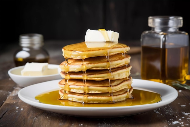 Stack of pancakes with syrup and butter on top