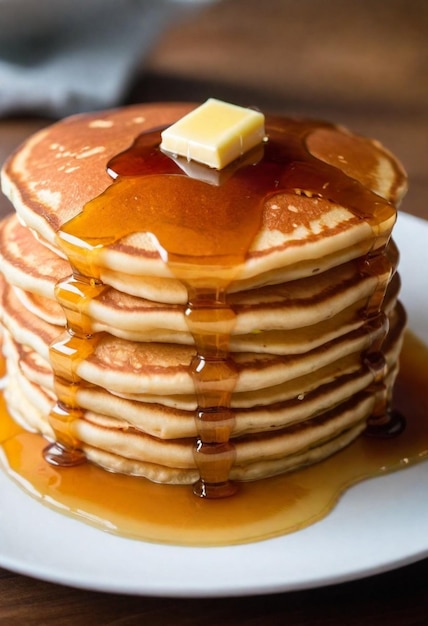 a stack of pancakes with syrup and butter on top