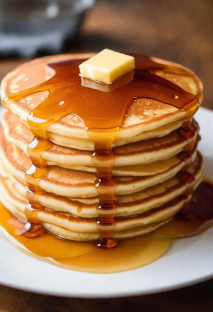 a stack of pancakes with syrup and butter on top