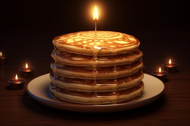 a stack of pancakes with syrup and a candle on top.