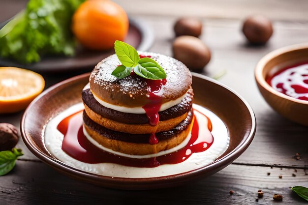 パンケーキを重ね、その上にシロップとチョコレートを乗せたもの。