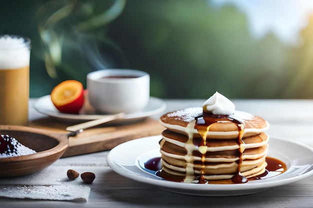 A stack of pancakes with syrup and coffee on a table.