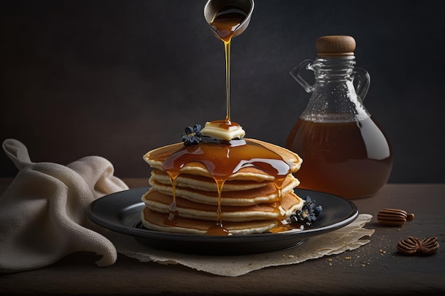 A stack of pancakes with syrup dripping down the side.